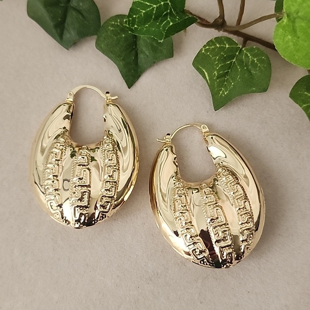 Chunky Oblong Hoop Earrings with Greek Key Design Gold Filled